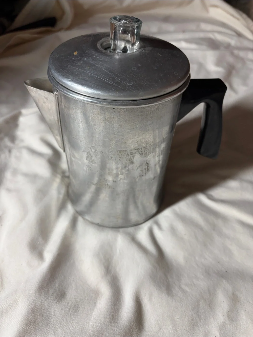 Vintage Silver Aluminum Coffee Percolator with Black Handle
